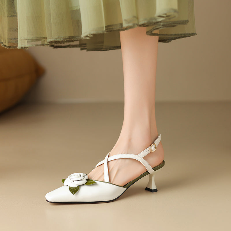 Women's Handmade Leather Elegant Stereoscopic Flower Cross Strap Mid Heel Sandals
