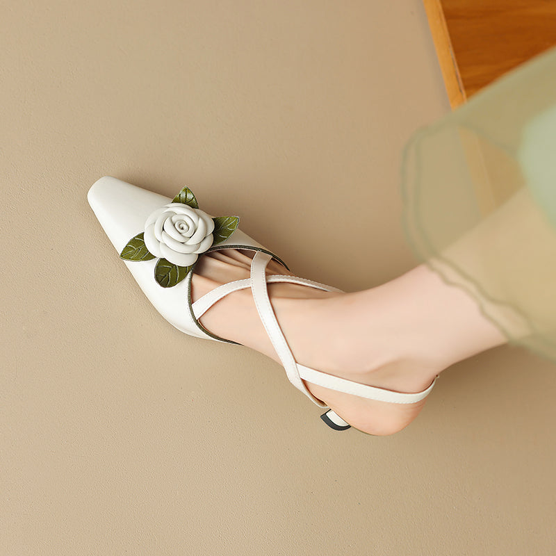 Women's Handmade Leather Elegant Stereoscopic Flower Cross Strap Mid Heel Sandals