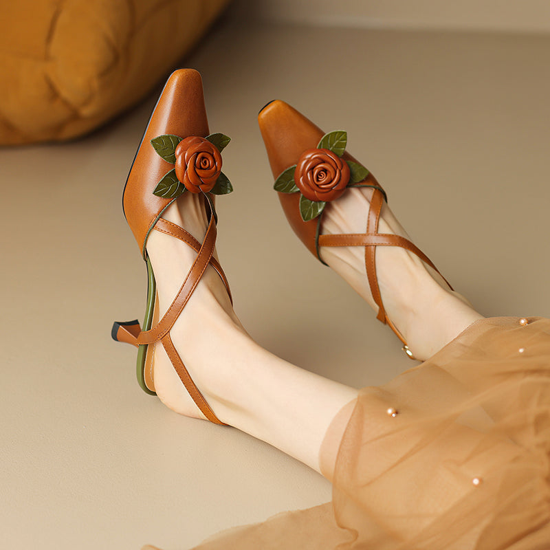 Women's Handmade Leather Elegant Stereoscopic Flower Cross Strap Mid Heel Sandals