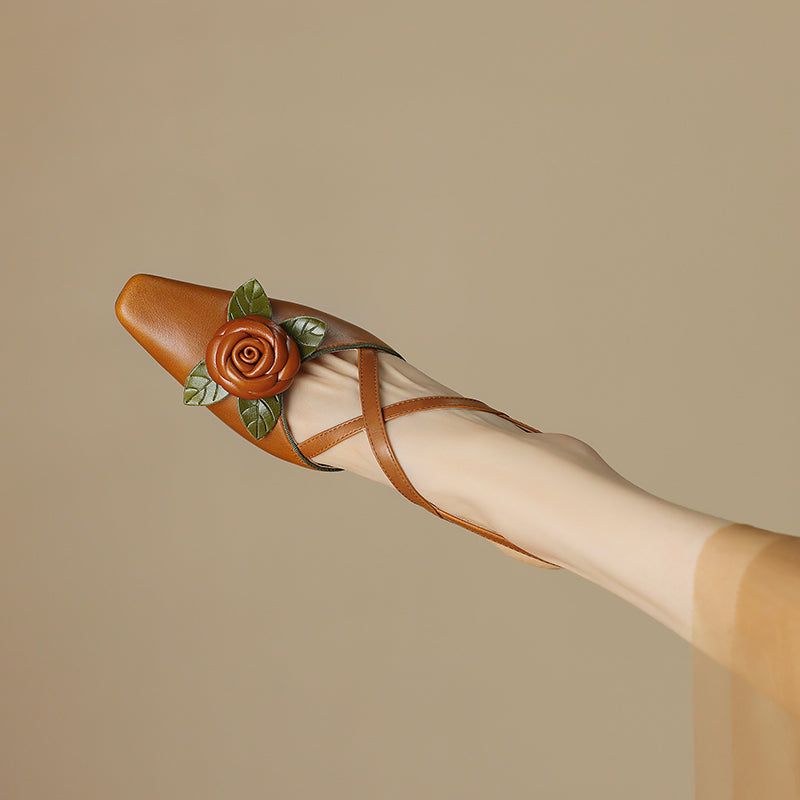 Women's Handmade Leather Elegant Stereoscopic Flower Cross Strap Mid Heel Sandals