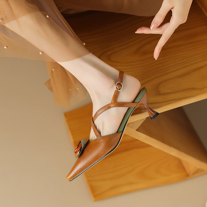Women's Handmade Leather Elegant Stereoscopic Flower Cross Strap Mid Heel Sandals