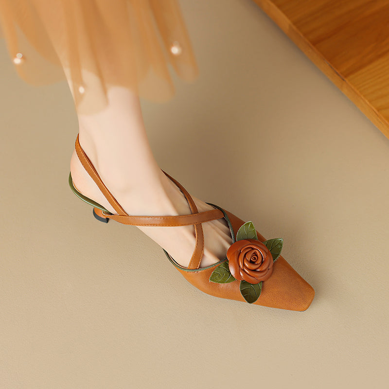 Women's Handmade Leather Elegant Stereoscopic Flower Cross Strap Mid Heel Sandals