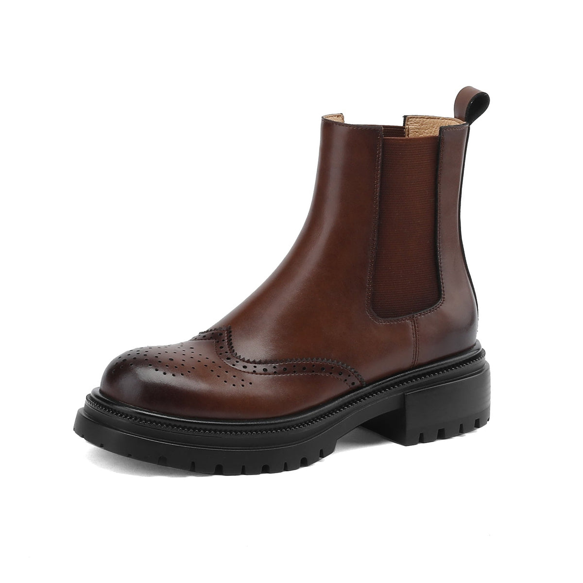 Women's Brogue Cowhide Chelsea Boots Platform Mid Block Heel Ankle Booties