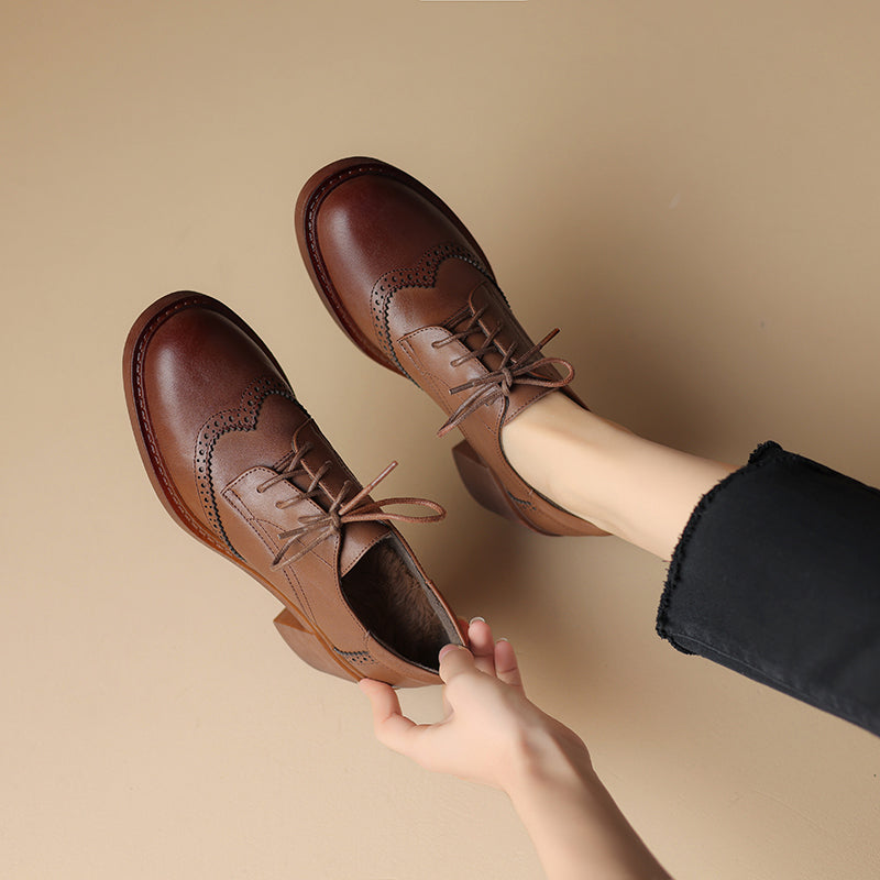 Women's Leather Brogue Oxfords Winter Warm Fur Lined Round Toe Lace-up Block Heel Pumps