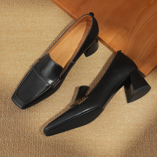 Women's Genuine Leather Handmade Business Slip-On Block Heeled Loafers Pump