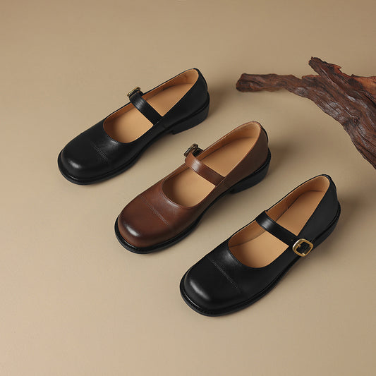 Womens Handmade Leather Vintage Chunky Heel Buckle Mary Jane Shoes