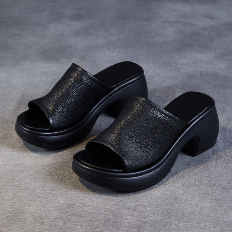 Women's Summer Open-Toe Chunky Heel Platform Mule Sandals – Soft Leather