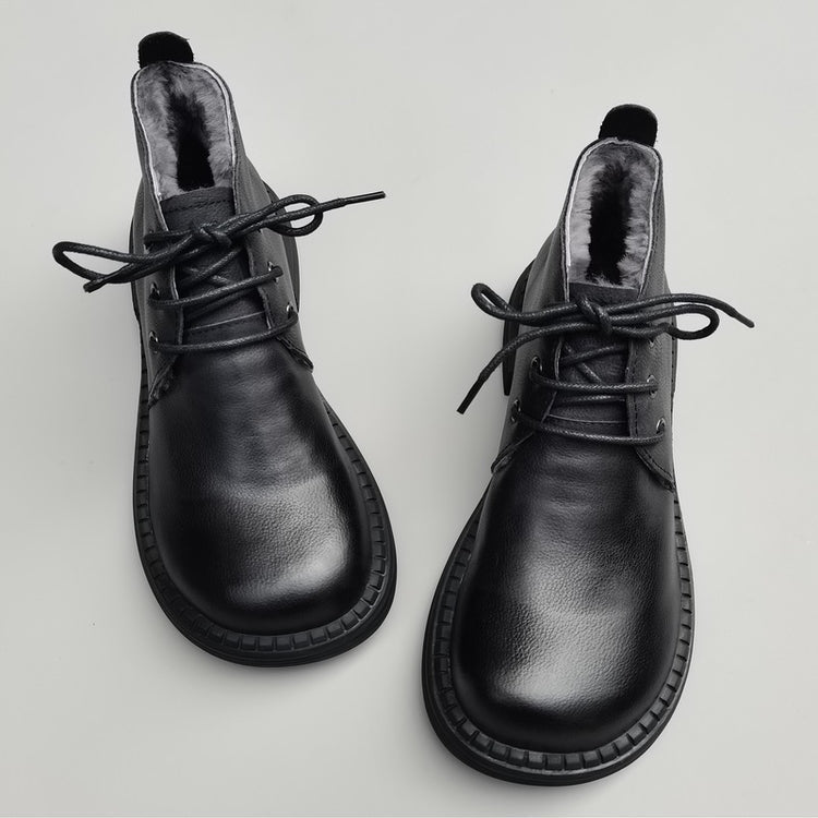 Wide Toe Leather Ankle Boots for Women – Lace-up Handmade Shearling Winter Shoes