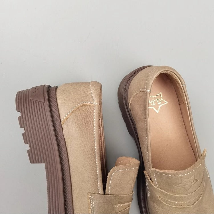 Women's Leather Mid Heel Chunky Loafers – Japanese Style & Non-Slip Sole