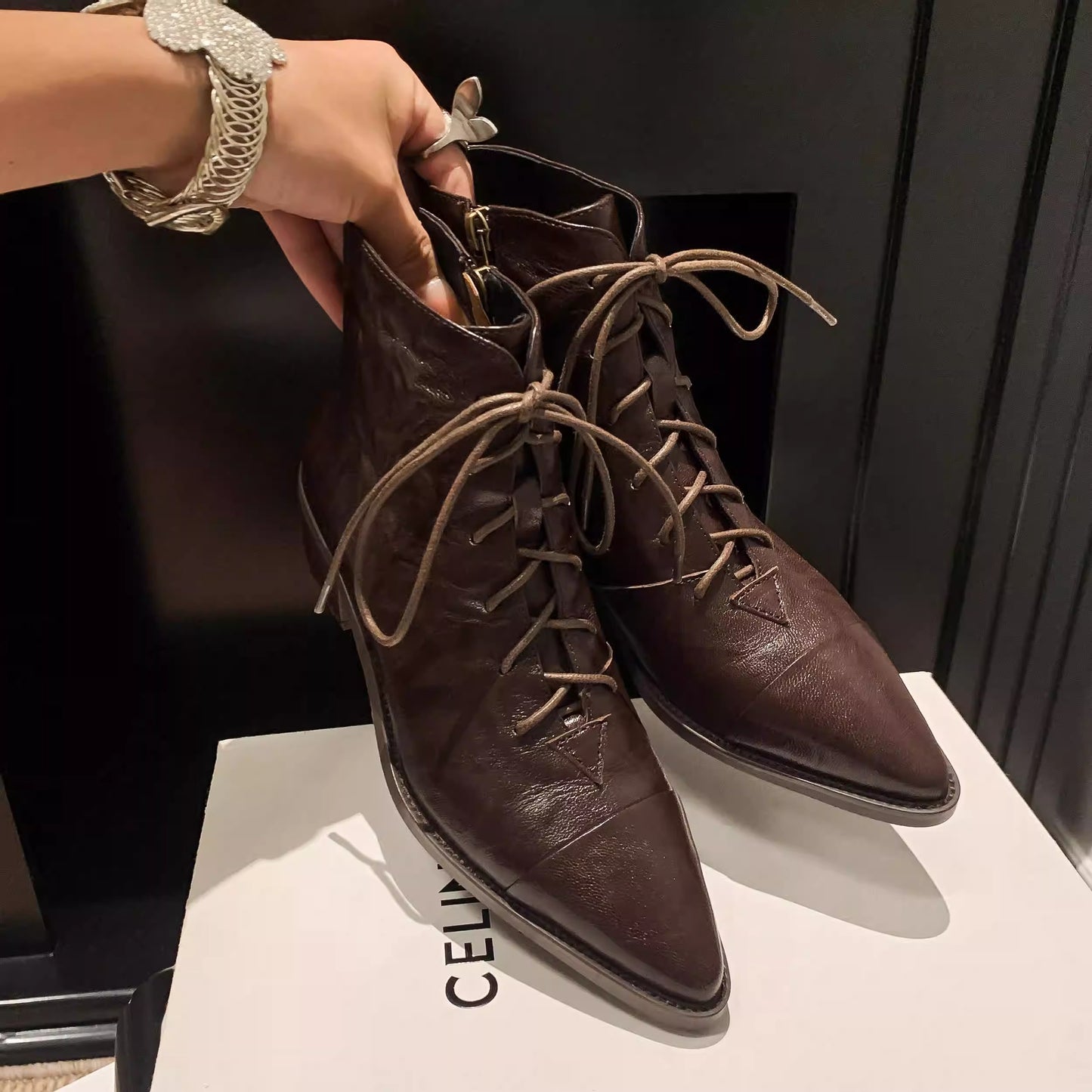 Women's Leather Lace-Up Ankle Boots – Pointed Toe & Block Heel