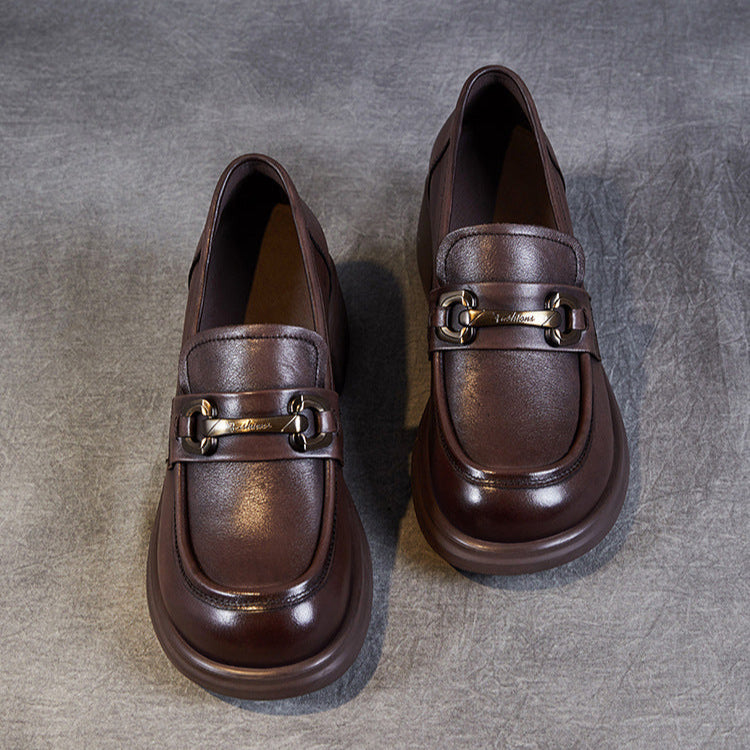 Women's Genuine Leather Loafers – Mid Heel Slip-On Shoes with Metal Accent