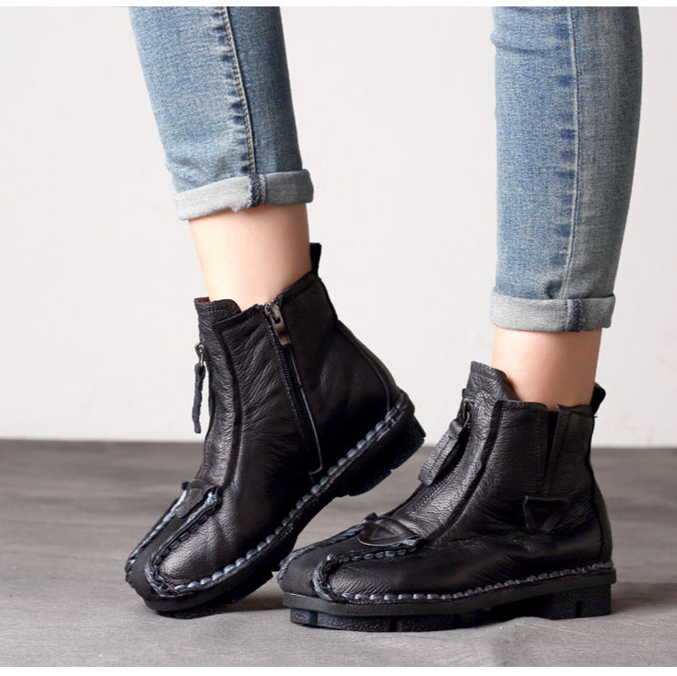 Women's Retro Leather Short Boots – Handmade Stitch Detail & Side Zipper