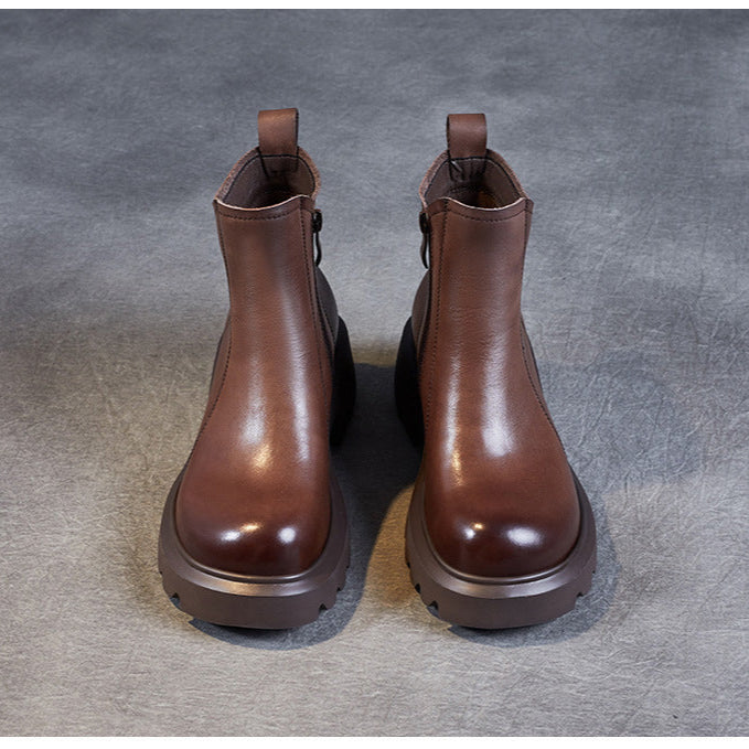 Women's Leather Ankle Boots – Platform Chunky Mid Heel with Side Zipper