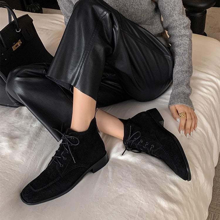 Women's Suede Square Toe Ankle Boots – Lace-Up Low Heel Stylish Style