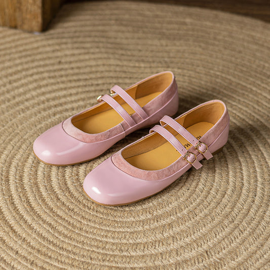 Women's Handmade Patent Leather Patchwork Vintage Double Strap Flat Mary Jane