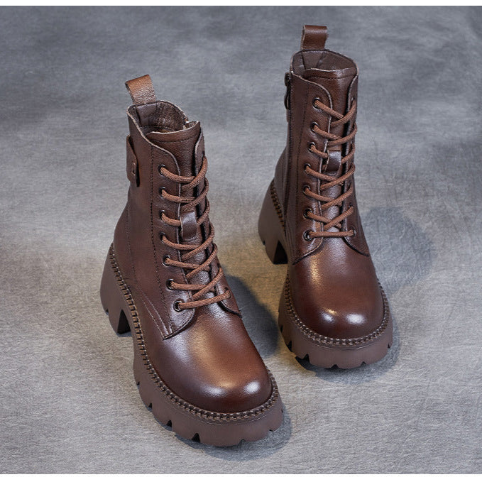 Women's Genuine Leather Combat Boots – Platform Chunky Heel with Side Zipper