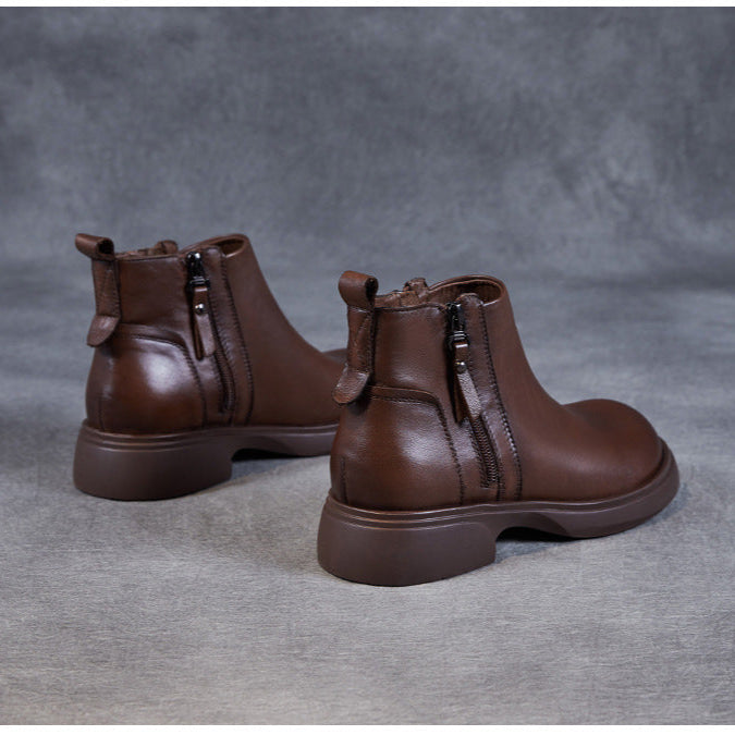 Women's Genuine Leather Casual Ankle Boots – Comfortable Double Zipper Design