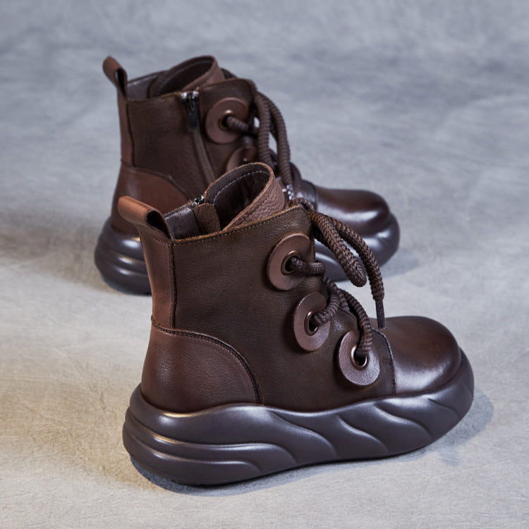 Women's Genuine Leather Lace-Up Ankle Boots – Casual Platform Chunky Sole