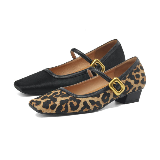 Women's Low Heel Horsehair Mary Jane Pump In Leopard