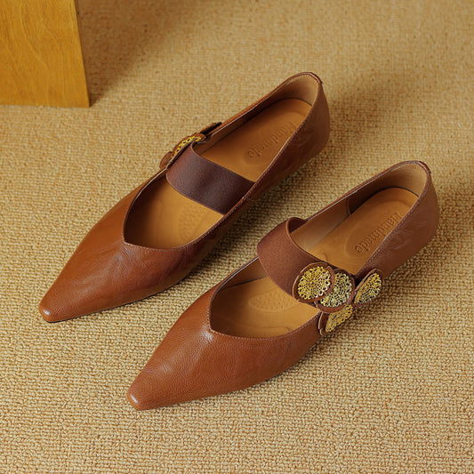 Pointed Toe Handmade Leather Vintage Low Heel Women's Shoes