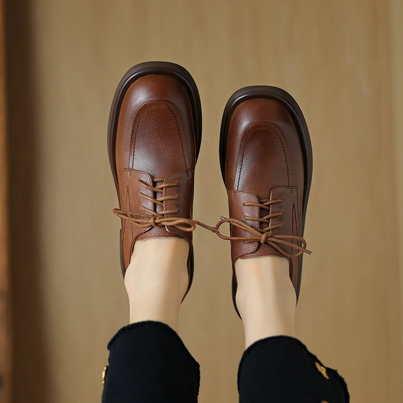 Women's Retro Cowhide Oxfords Round Toe Lace-up Platform Low Heel Casual Derby Shoes