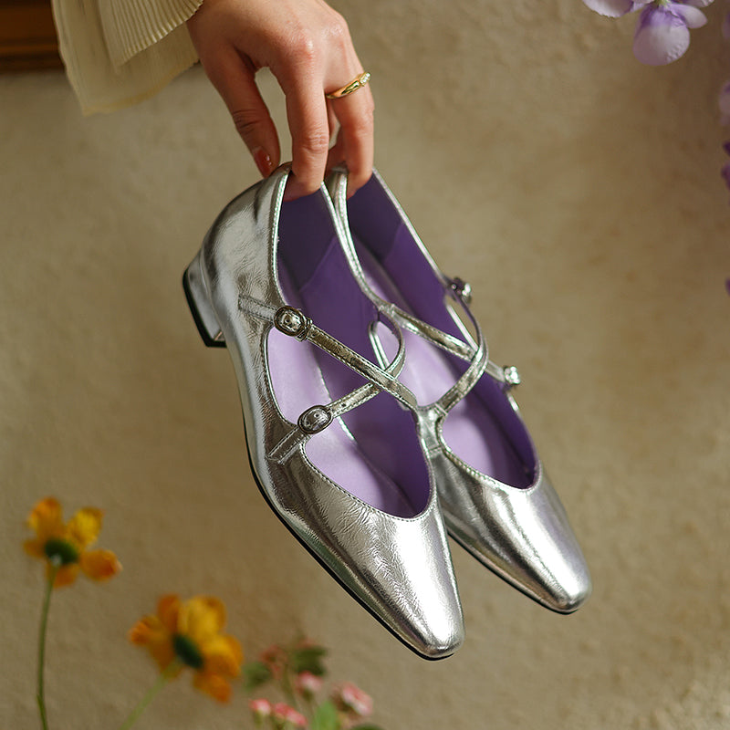 Handmade Leather Cross Strap Mary Janes - Women's Square Toe Low Heel Vintage Flats