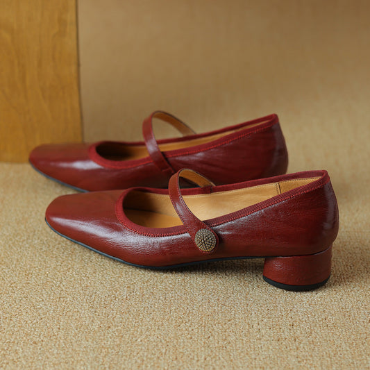 Vintage Lambskin Square Toe Buckle Block Heel Mary Jane Pump Women's Shoes