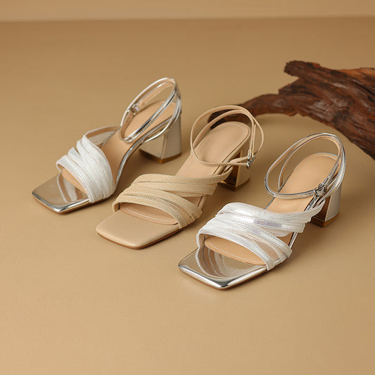 Women's Summer Elegant Square Toe Open Toe Block Heel Sandals