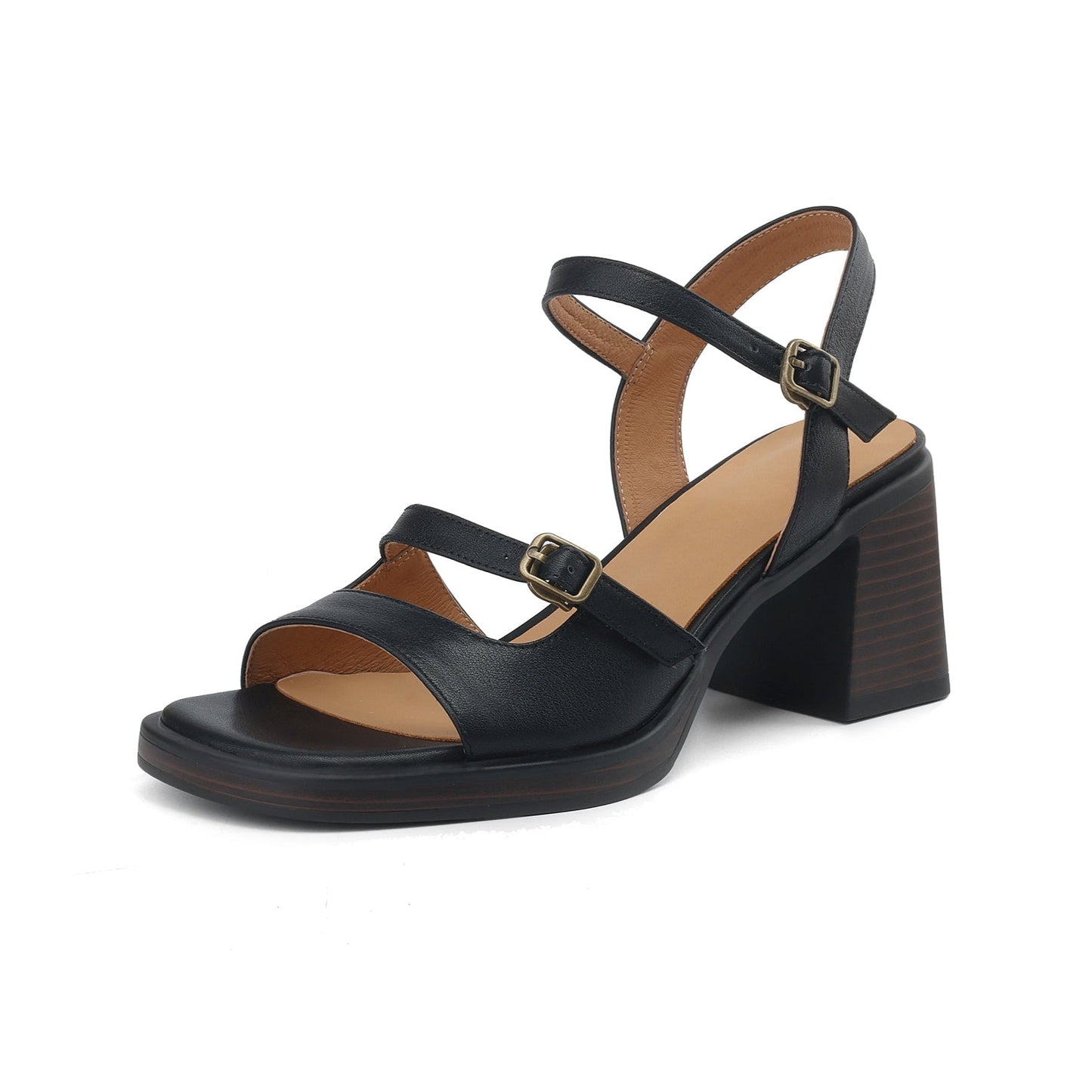 Women's Retro Leather Open-Toe Block Heel Sandals – Vintage Style