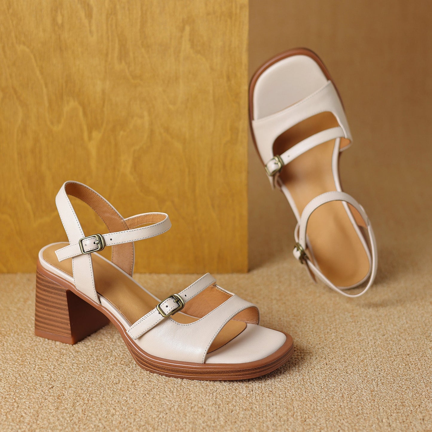 Women's Retro Leather Open-Toe Block Heel Sandals – Vintage Style