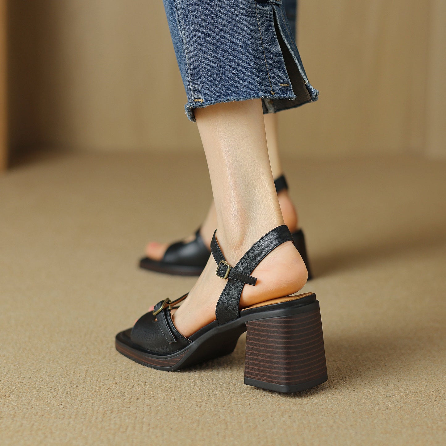 Women's Retro Leather Open-Toe Block Heel Sandals – Vintage Style