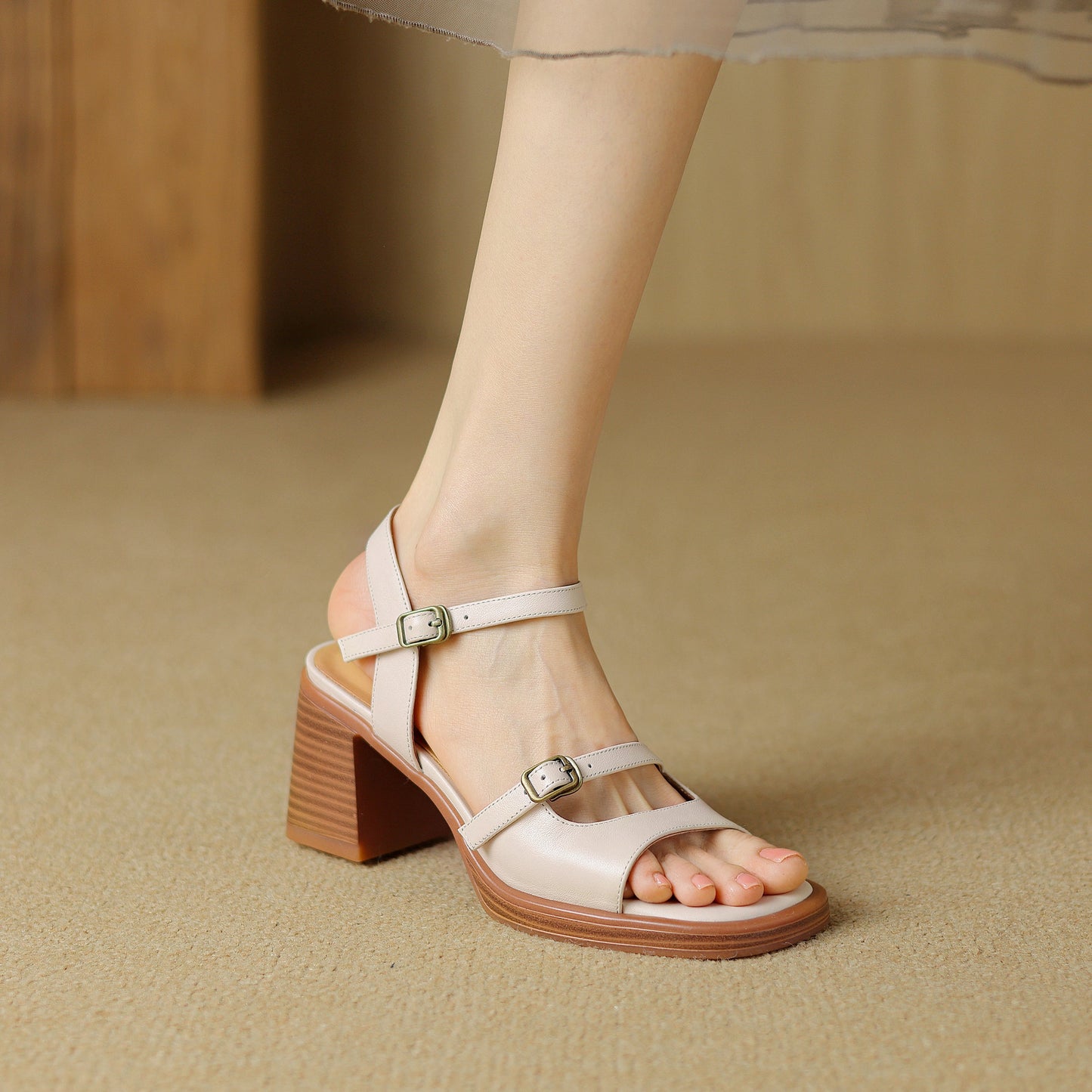 Women's Retro Leather Open-Toe Block Heel Sandals – Vintage Style