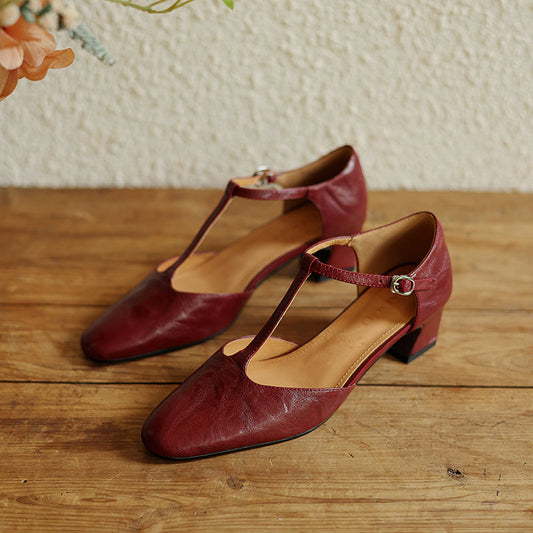 Elegant Handmade Leather T-Bar Mary Jane Low Heel Formal Shoes for Women