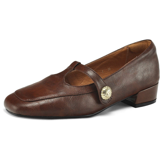 Women's Handmade Retro Leather Square Toe Chunky Heel T-Strap Mary Jane Pumps