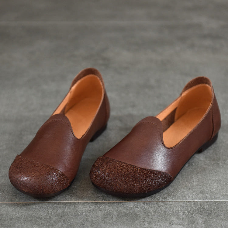 Handmade Leather Vintage Round Toe Patchwork Ballet Flat Shoes Women's Shoes