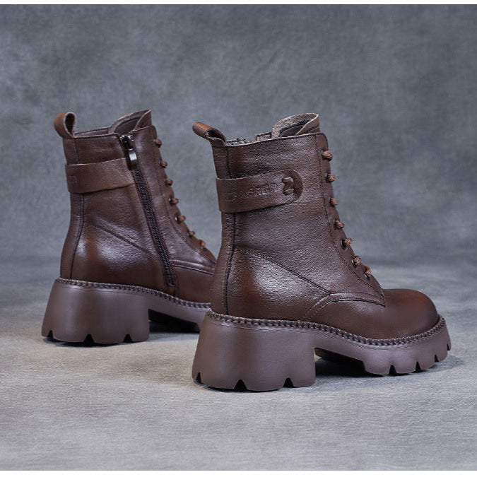 Women's Genuine Leather Combat Boots – Platform Chunky Heel with Side Zipper