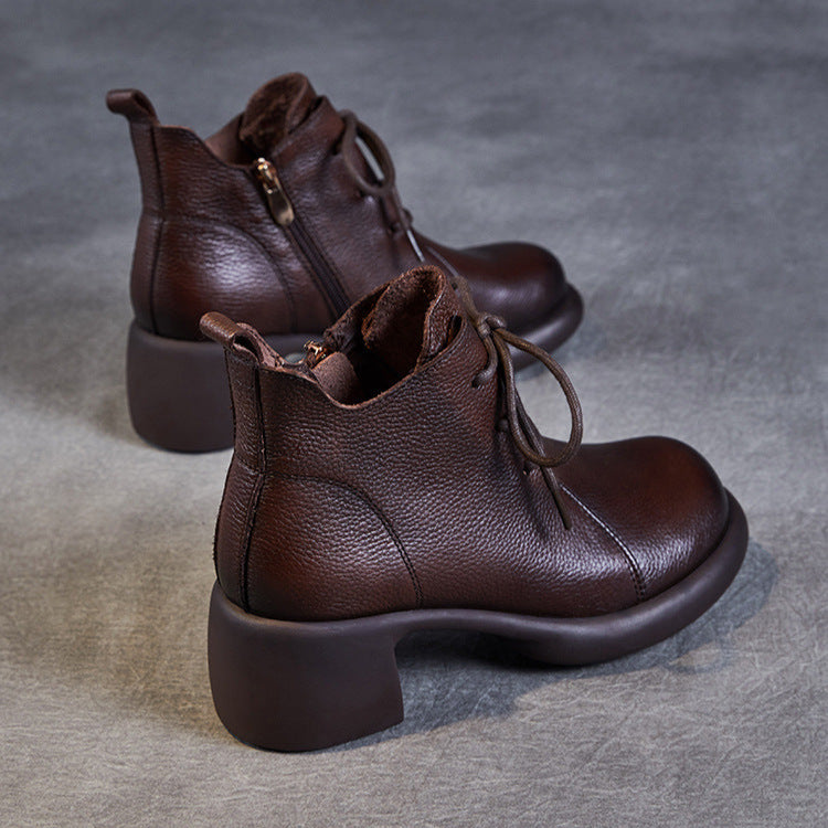 Women's Casual Lace-Up Ankle Boots – Round Toe Block Heel with Side Zipper
