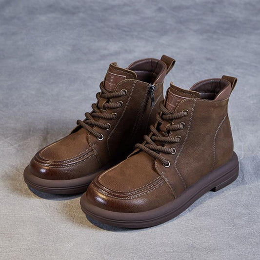Women's Handmade Retro Leather Ankle Combat Zip Boots