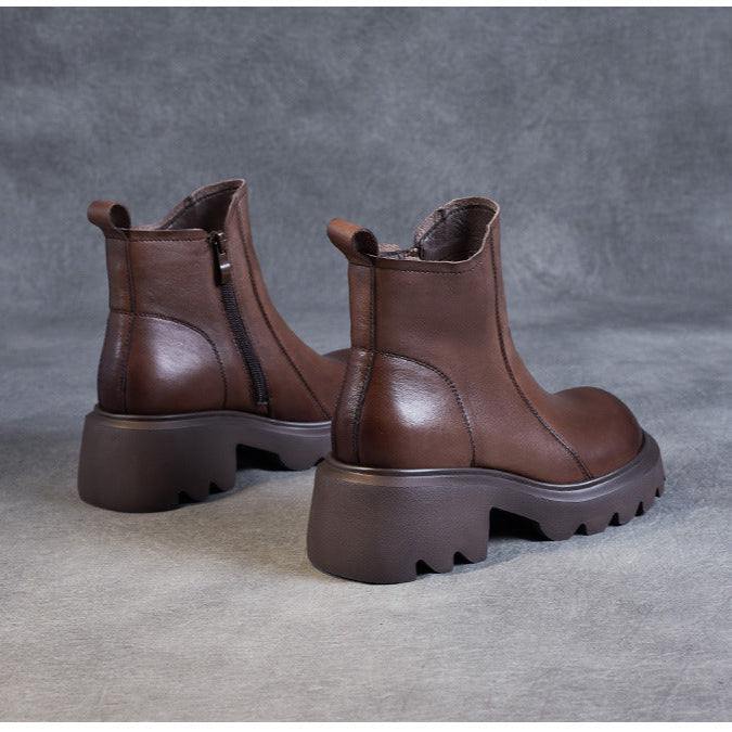 Women's Leather Ankle Boots – Platform Chunky Mid Heel with Side Zipper