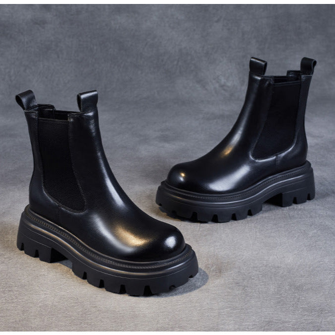 Women's Retro Genuine Leather Chelsea Boots – Chunky Platform Sole Ankle Boots