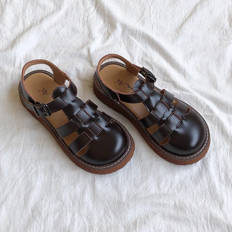 Women's Leather Closed Toe Round Sandals – Casual Summer Comfort Shoes