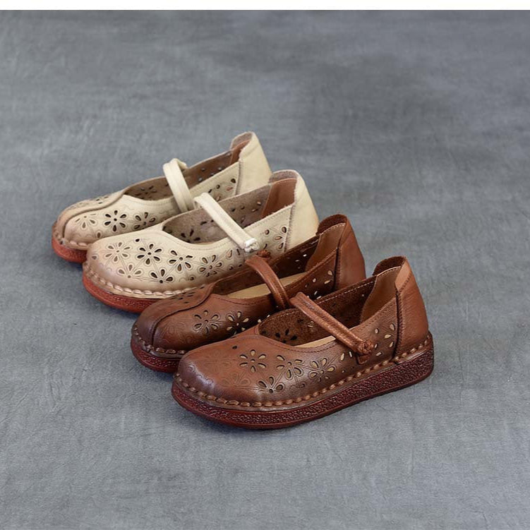 Women's Leather Floral Cutout Sandals – Breathable Summer Style