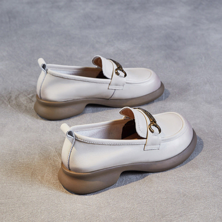Women's Retro Soft Genuine Leather Loafers – Comfortable Chain Detail