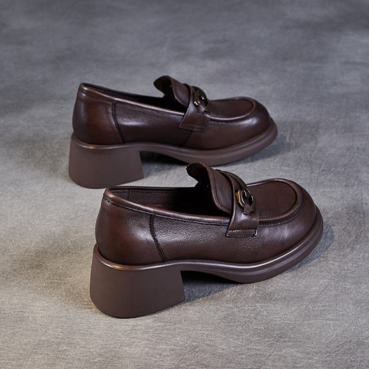 Women's Genuine Leather Loafers – Mid Heel Slip-On Shoes with Metal Accent