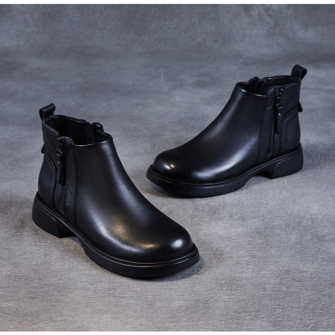 Women's Genuine Leather Casual Ankle Boots – Comfortable Double Zipper Design