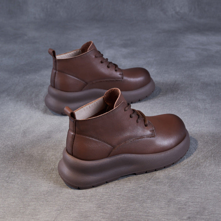 Women's Leather Lace-Up Platform High-Top Shoes – Casual & Comfortable