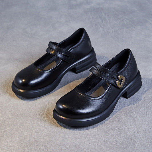 Women's Soft Leather Mary Janes – Round Toe Low Heel with Adjustable Velcro