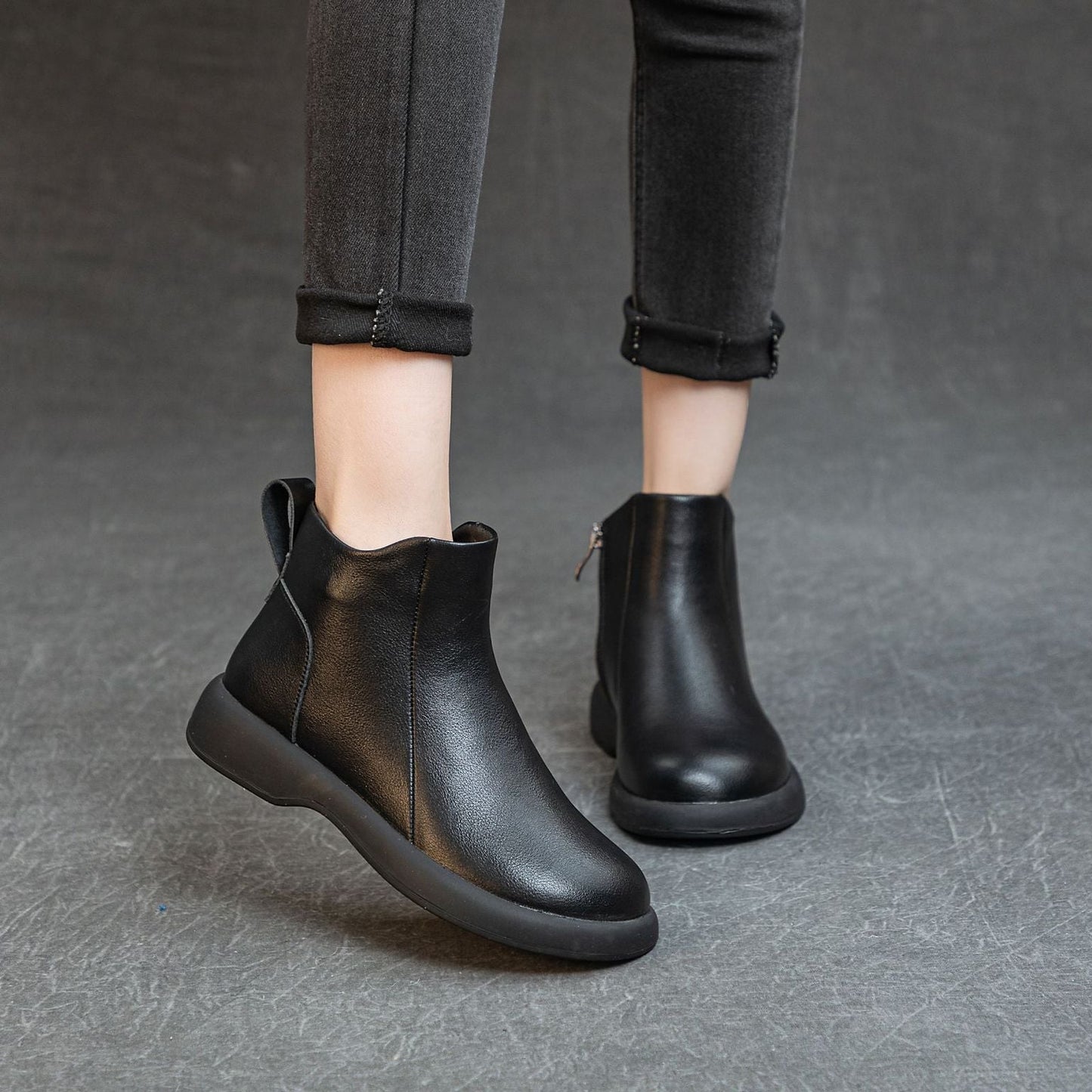 Women's Comfortable Leather Ankle Boots – Low Heel with Side Zipper