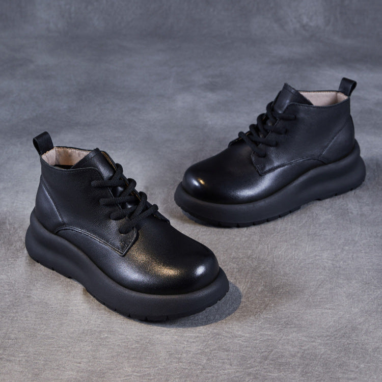 Women's Leather Lace-Up Platform High-Top Shoes – Casual & Comfortable