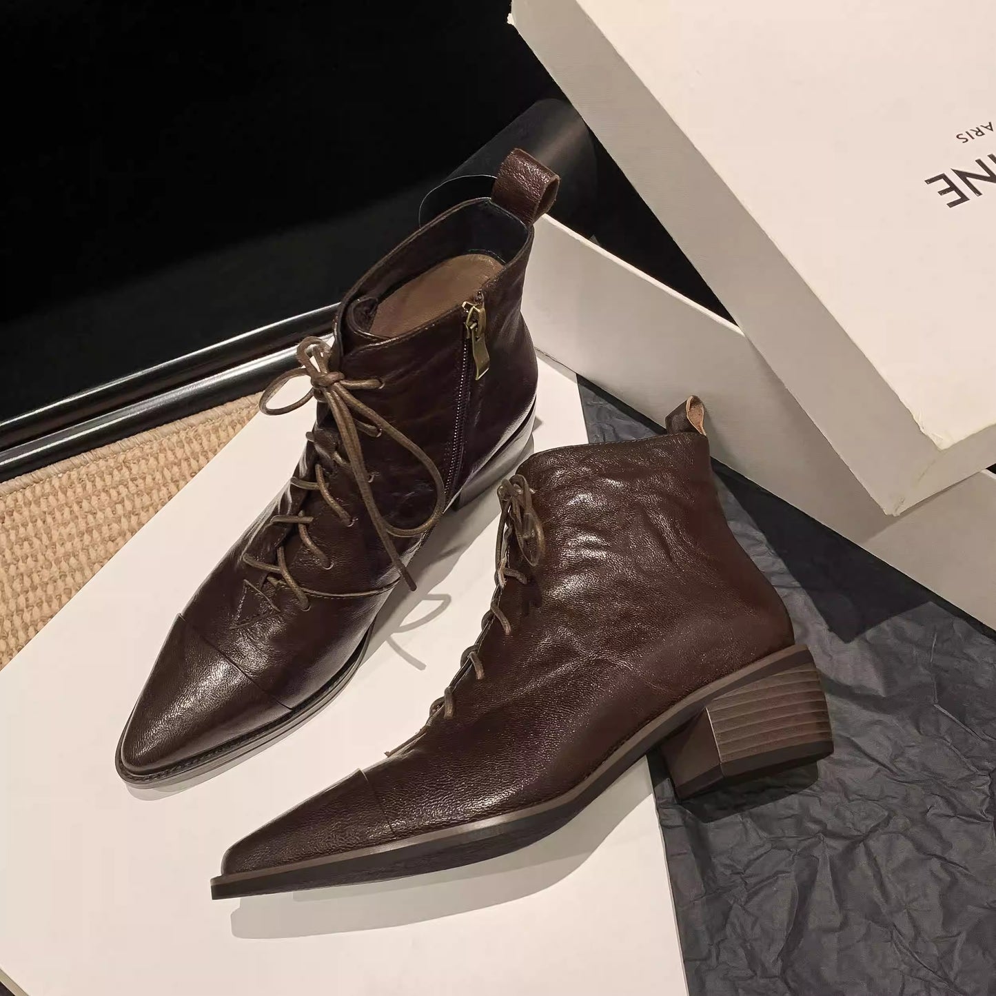 Women's Leather Lace-Up Ankle Boots – Pointed Toe & Block Heel
